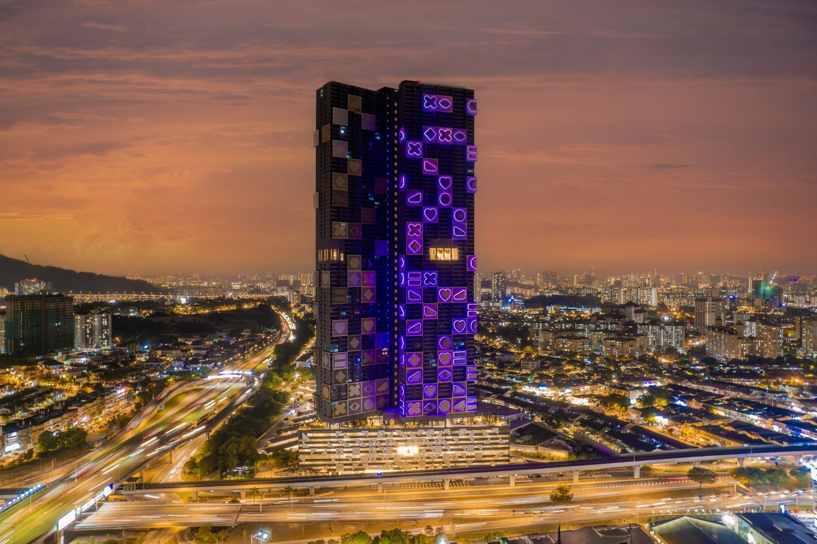 Arte Cheras @ Taman Midah illuminated at night, two 49-storey towers
